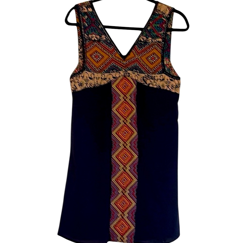 THML Embroidered trim dress dress , navy with orange/gold/blue trim, S